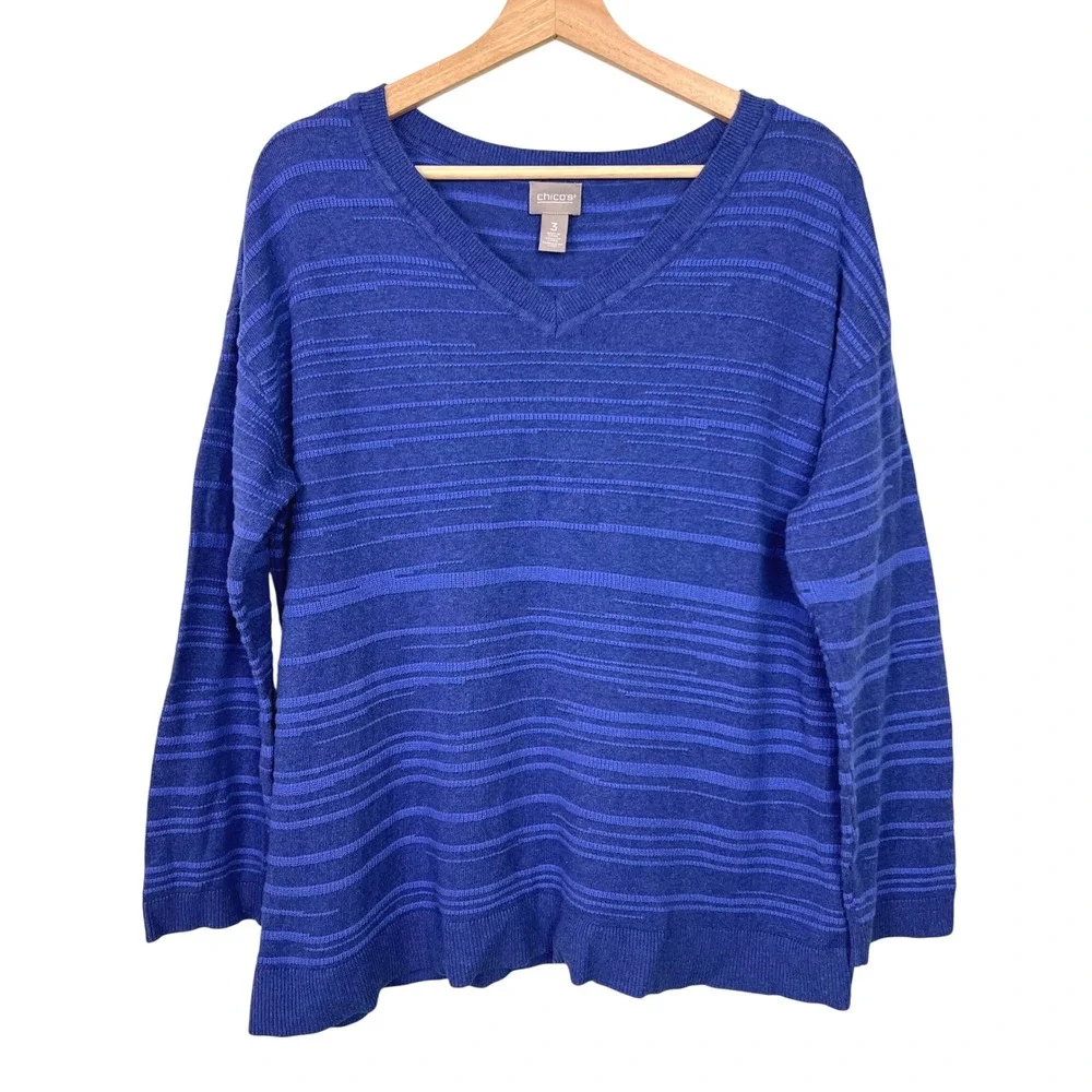 Chico's‎ Periwinkle Blue Striped V-Neck Cotton Blend Sweater Women's Size 3 (XL)